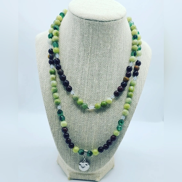 Jade, Tiger Eye, Green Agate Mala 108 Bead necklace - Picture 2 of 4
